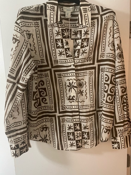 Calypso St. Barth Tops - New Calypso St. Barth resort Print Cream/Brown Button Down Shirt Top Cotton Sz L